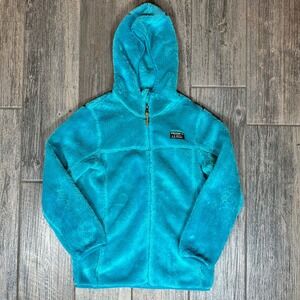 LL Bean Kids' L 14-16 Full Zip Fuzzy Fleece Hooded‎ Jacket Blue Teal Cozy Warm
